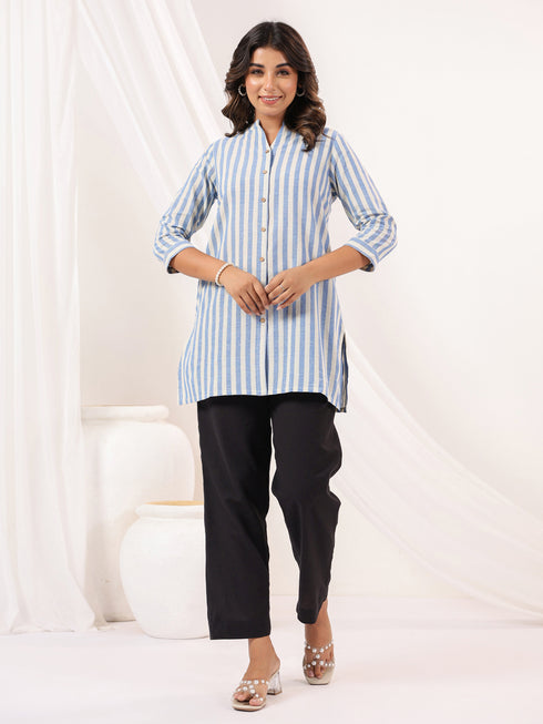 Janasya Women's White Cotton Striped Straight Short Kurti